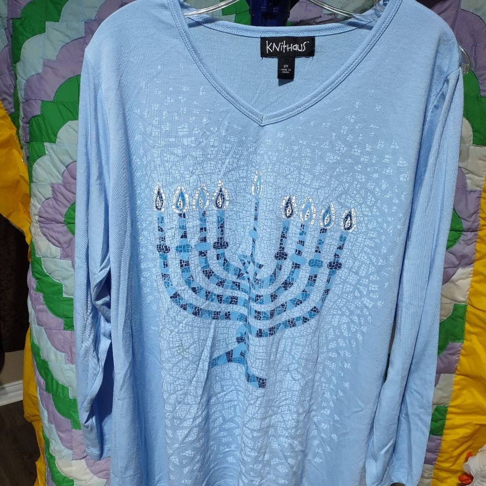 (614) Knithaus, Size 2X, Lt blue, long sleeve, Top